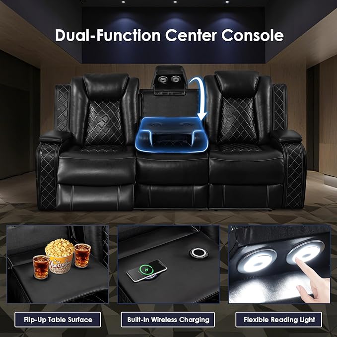 PU Leather Power Reclining Sofa Set for Home Theater, Chair, Loveseat & Couch with Wireless Charging, USB Ports, Cup Holders, LED Lights, Storage Console