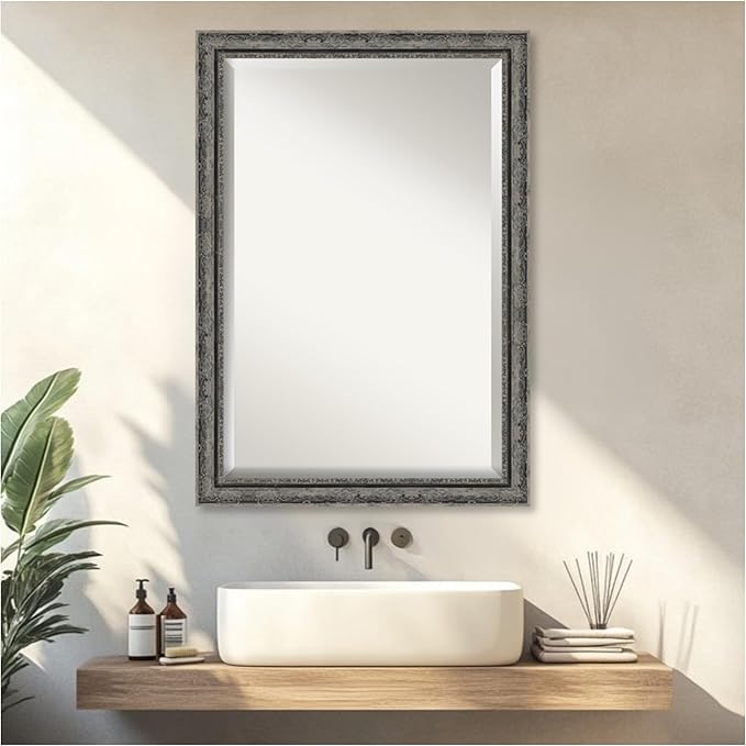 Amanti Art Bathroom Mirror for Over Sink, 29x41 Filigree Matte Black Rectangle Vanity Mirror, Large Traditional Frame, Hangs Horizonally and Vertically, Bathroom Wall Decor, Beveled Edge