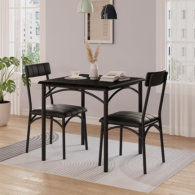 GarveeHome Dining Table Set for 2, Kitchen Table with 2 Upholstered Chairs, Wood Square Dining Table and Chairs Set for Small Space, Apartment, Dinner, Rustic Black