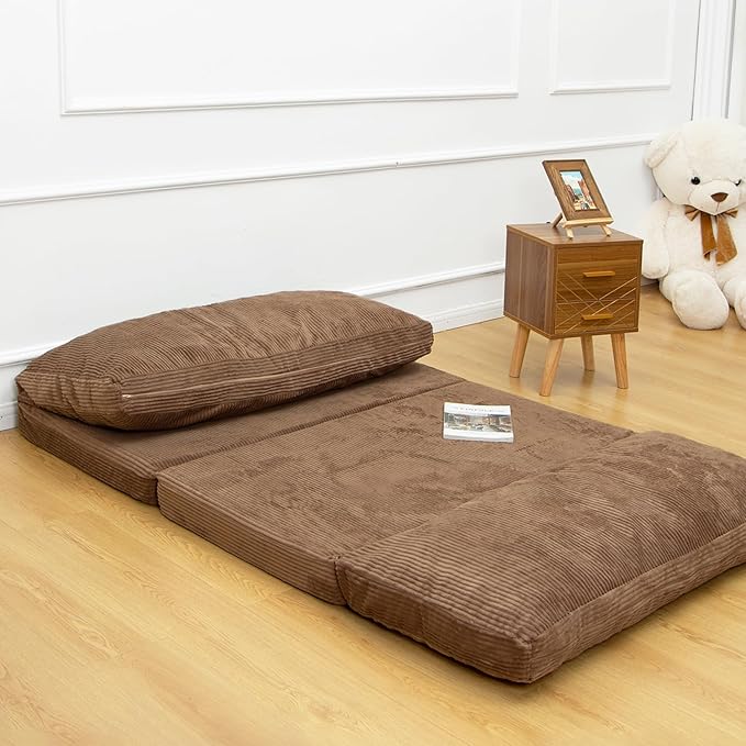 N&V Folding Matress Sofa Bean Bag Bed, Foam Filling Folding Matress Sofa, Includes Removable and Machine Washable Cover, Soft Premium Corduroy (Medium, Brown Suagr)