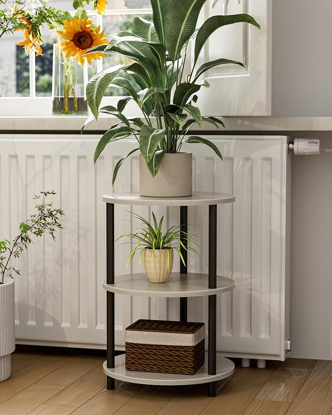 Small Round End Table - 3 Tier Design Accent Table, Narrow Side or Bedside Stand, Industrial Vintage Nightstand for Bedroom, Living Room, or Small Spaces, Greige