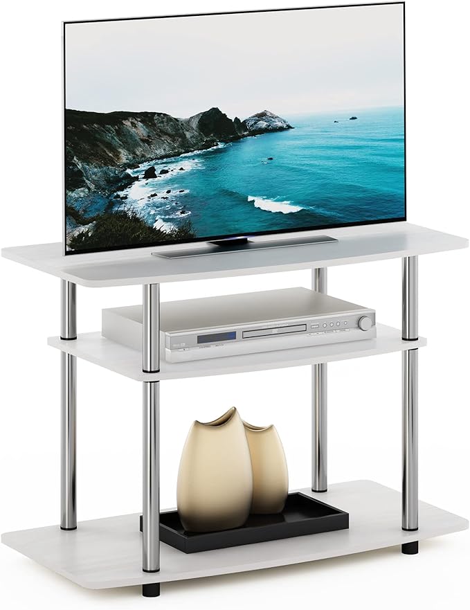 Furinno Turn-N-Tube No Tools 3-Tier Entertainment Center TV Stand for TV up to 32 Inch with Stainless Steel Tubes, White Oak/Chrome