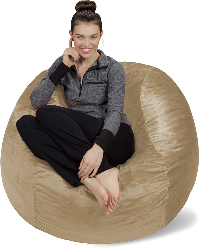 Sofa Sack Bean Bag Chair Cover Only, for Adults and Kids, Without Filling Comfy Fluffy Round or Oval Beanbag Chair Cover Replacement, Lazy Sofa Cover for Reading Chair or Floor Chair, 4-Feet, Camel