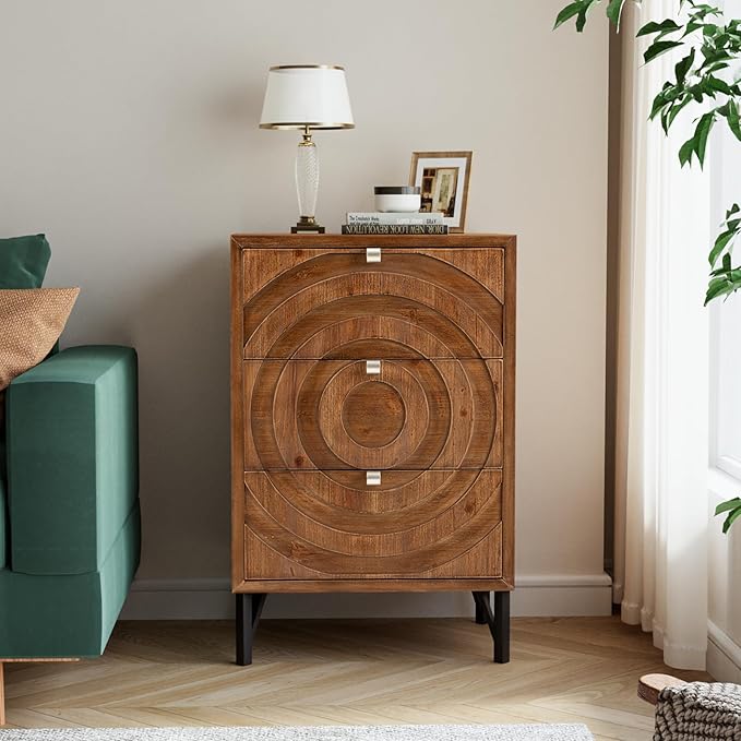 COSIEST Nightstand, Rustic End Table with 3 Drawers, Vintage Wood Bedside Table with Strudy Legs, Modern Side Table Accent Nightstand for Bedroom, Living Room(Brown,2 Pieces)