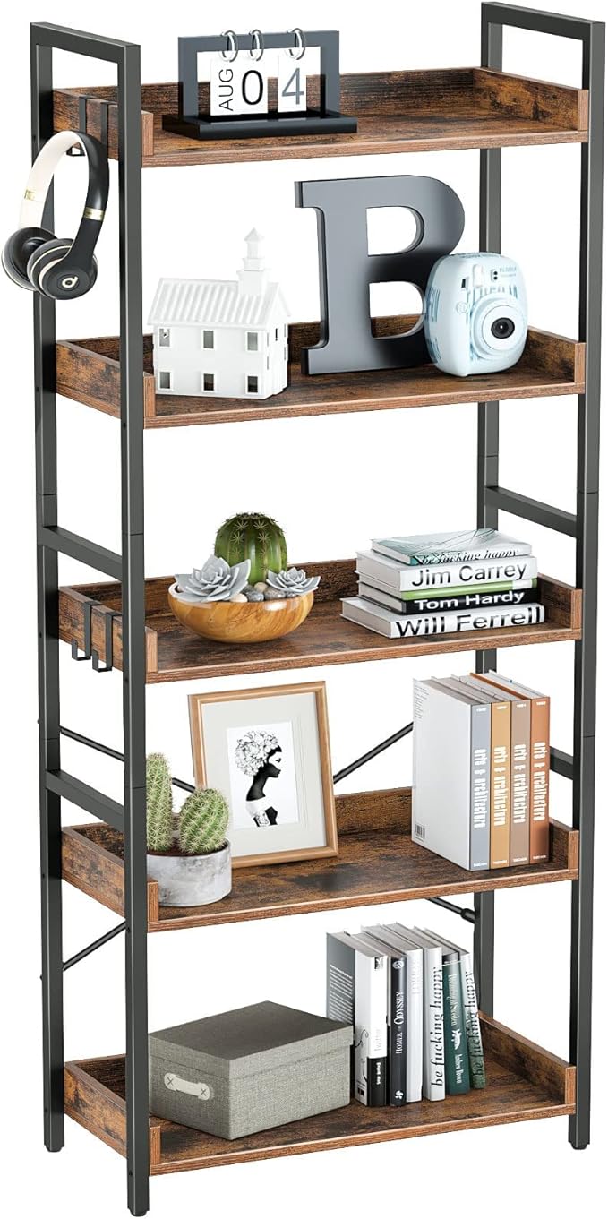 Rolanstar Bookshelf 5 Tier with 4 Hooks, Industrial Wood Bookcase, Vintage Storage Rack with Open Shelves, Rustic Standing Bookshelves Display Rack for Living Room, Bedroom, Rustic Brown