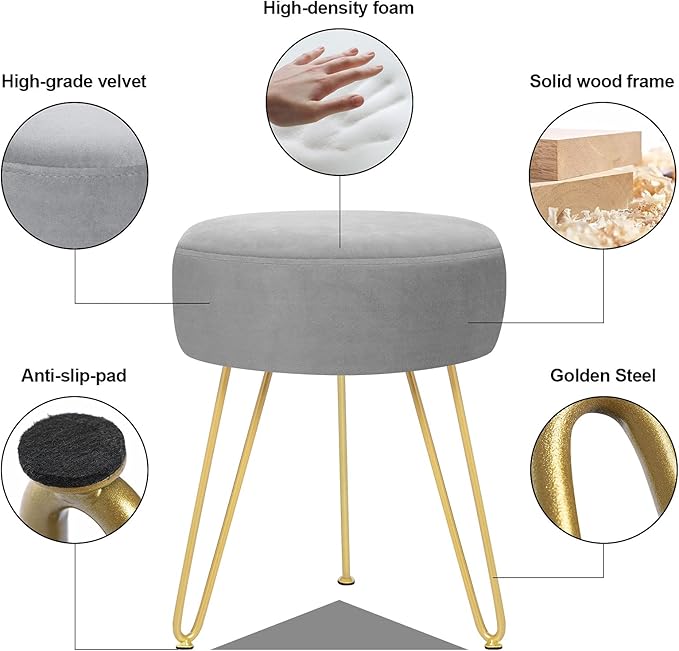 GERANT Multifunctional Vanity Stools - Velvet Round Ottoman Modern Dressing Stool -Upholstered Footrest Stool - Side Table Footstool with Golden Metal Leg for Living Room, Bedroom (Gray)