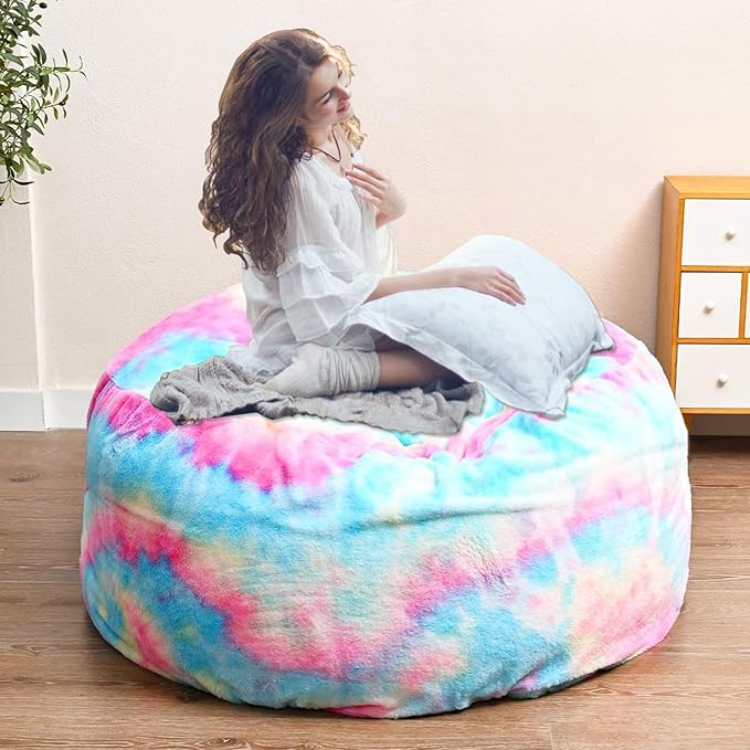 Colorful Bean Bag Chair for Adults Kids Without Filling Comfy Fluffy Giant Round Beanbag Lazy Sofa Cover for Reading Chair Floor Chair, 7FT, Multicolored