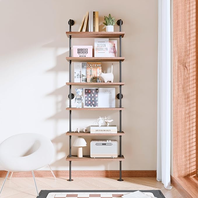 Pipe Industrial Shelves, Wall Mounted Wood Metal Ladder Rustic Bookshelf (Walnut Color, 6 Tier - 10" D x 30" W x 82.5" H)