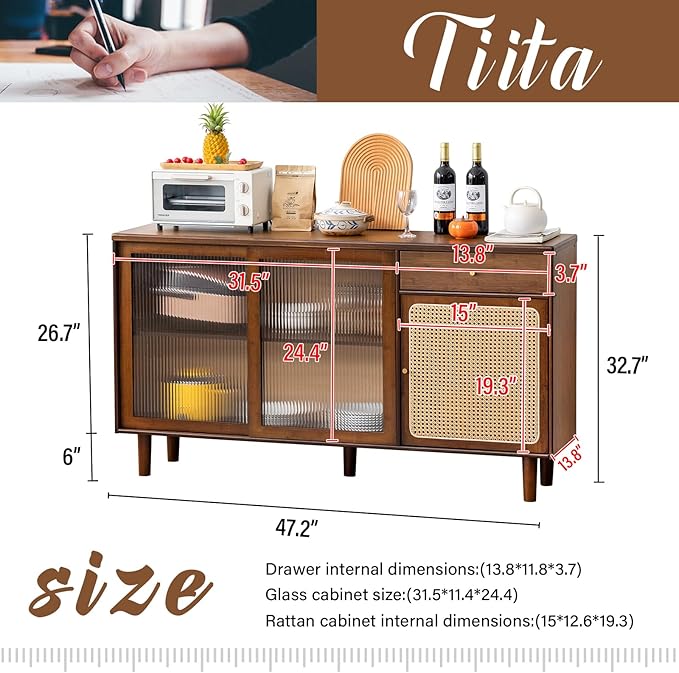 Tiita Bamboo Sideboard Buffet Cabinet, Rattan Kitchen Storage Cabinet with Drawer, Boho Coffee Bar Tables for Kitchen Hallway Office, Walnut