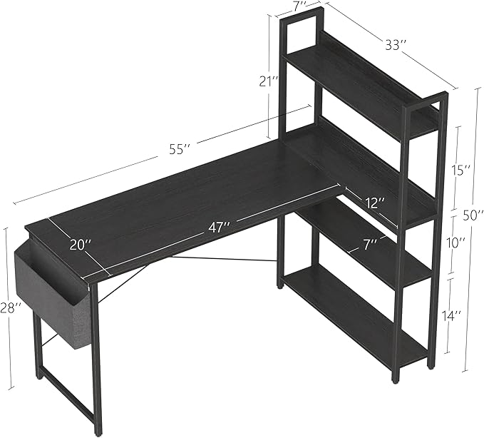 Treesland 55 Inch Computer Desk with Storage Shelves, L Shaped Desk with Storage, Corner Desk with Storage, Home Office Desks, Bookshelf Desk, Writing Study Desk for Bedroom, Black