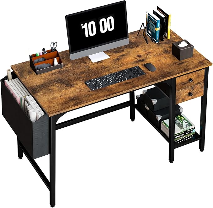 Lufeiya Computer Desk with Drawers - 40 Inch Work Reversible Small Desk for Bedroom Home Office, Simple Study Writing Table PC Desks with Drawer Storage Shelves, Rustic Brown