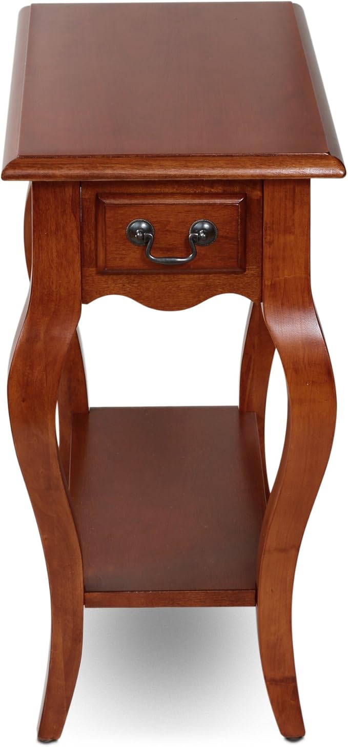Leick Home Side Table, One Drawer, French Cabriole Leg, Shelf, Solid Poplar, Brown Cherry Finish, 12.5 in W x 23.5 in D x 24 in H, 9018-BR