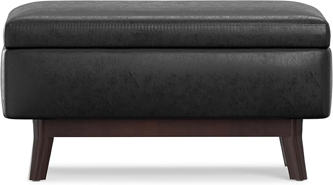 SIMPLIHOME Owen 36 inch Wide Mid Century Modern Small Rectangular Storage Ottoman in Distressed Black Vegan Faux Leather, Assembled, For the Living Room, Entryway and Family Room