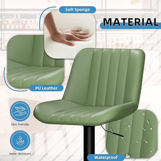 Shintenchi Swivel Bar Stools Set of 4, Adjustable Faux Leather Upholstered Swivel Counter Stools, Armless Bar Height Island Chairs with Back and Footrest, Green