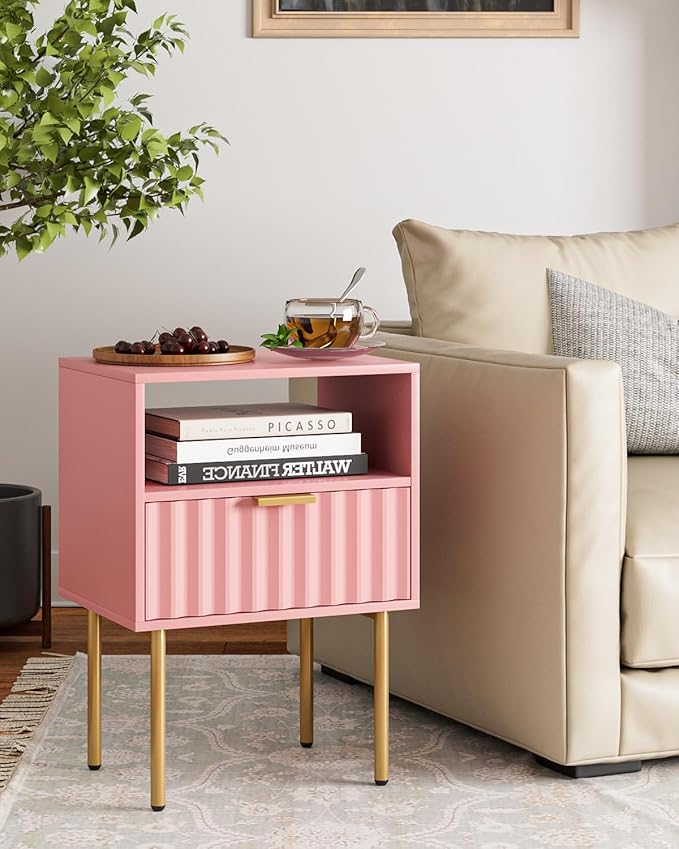 Nightstand,Modern Bedside Table with Gold Frame,Pink Night Stand,Bedside Furniture, Modern Side Table with Drawer and Shelf for Bedroom,Living Room (Pink)