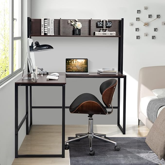 Tangkula Reversible L-Shaped Desk with Hutch, Space Saving Corner Computer Desk with Storage Shelves, Home Office Study Writing Desk Computer Workstation with Storage Bookshelf, Gaming Desk