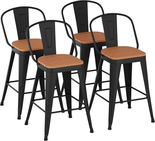 Outdoor Metal Bar Stools Set of 4,30 inch Barstools Counter Height Bar Stool with High Back Farmhouse Kitchen Dining Chairs Bar Funiture for Outside