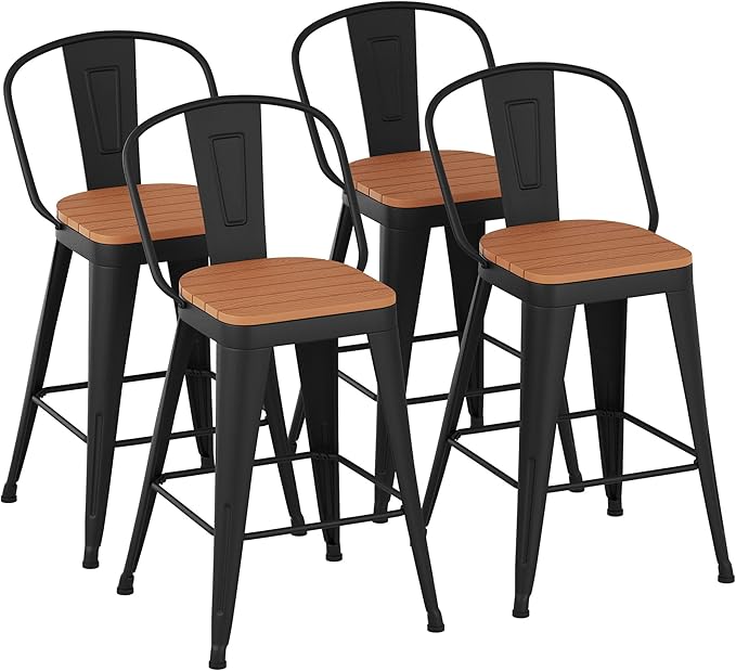 Outdoor Metal Bar Stools Set of 4,24 inch Barstools Counter Height Bar Stool with High Back Farmhouse Kitchen Dining Chairs Bar Funiture for Outside