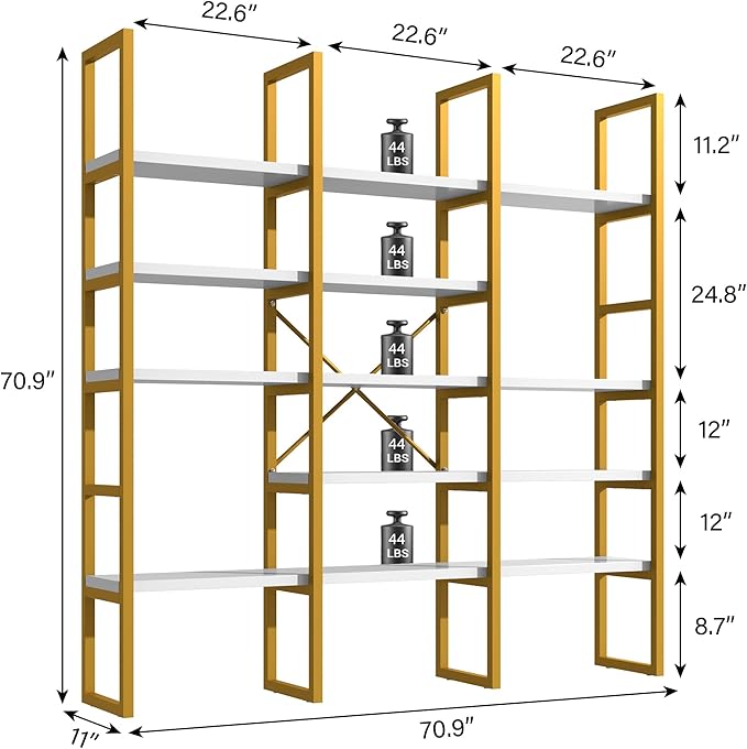 Semoic Large Bookshelf 5 Tiers, Triple Wide Geometric Bookcase, 71 Inches Tall Industrial Book Shelves Etagere Book Case, Sturdy Metal Frame, Freestanding Display Shelving Unit (Gold and White)
