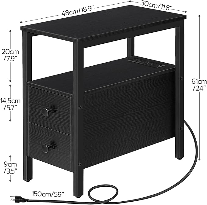HOOBRO Set of 2 End Tables with Charging Station, Narrow Side Table with Drawers & USB Ports & Power Outlets, Nightstand for Small Spaces, Living Room, Stable and Sturdy, Black BK541BZP201