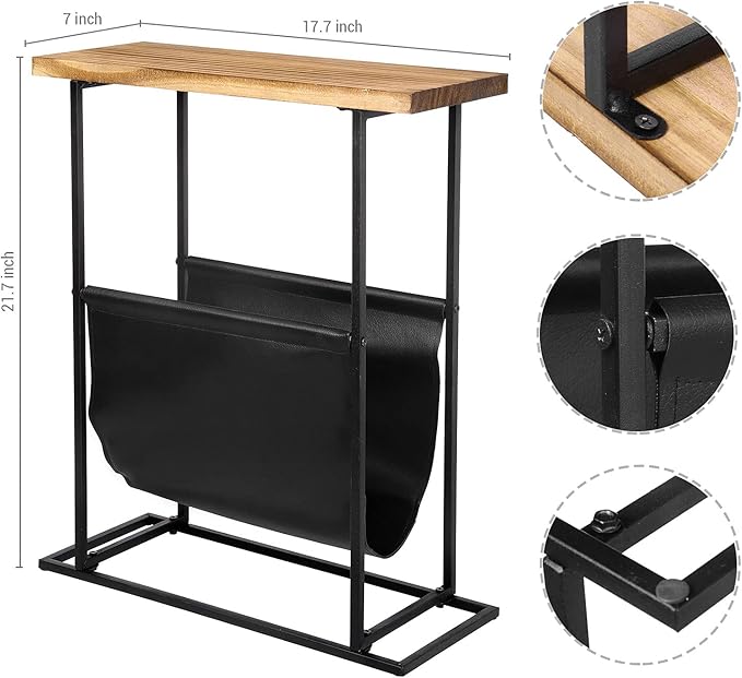 MyGift 21-Inch Modern Narrow Living Room End Table with Solid Burnt Wood Tabletop and Black Metal Frame, Bedroom Nightstand Side Table with Magazine Holder Sling