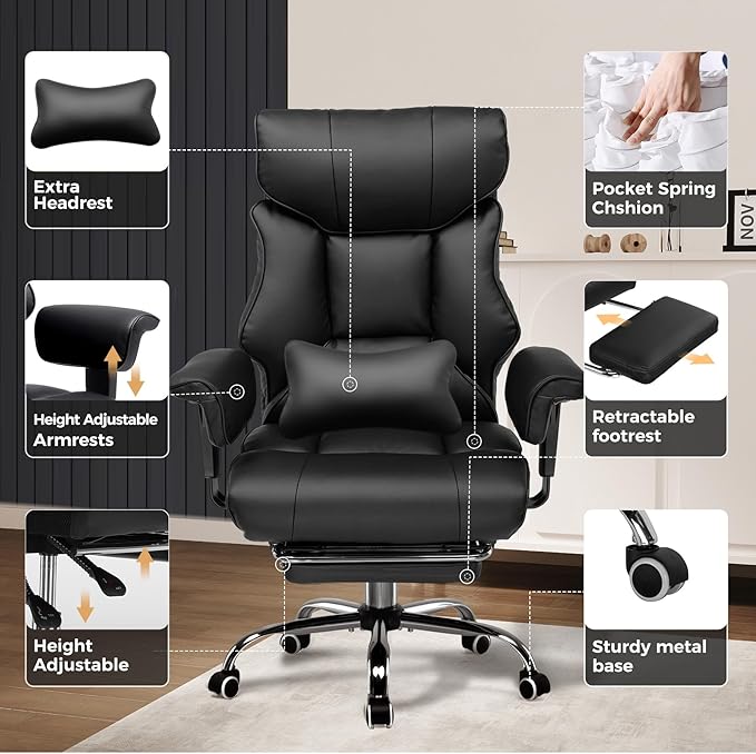 GTRACING Big and Tall Gaming Chair 400lbs Heavy Duty Office Chair with Foot Rest & Ergonomic Pocket Spring Cushion, High Back Lumbar Support for Lower Back Pain Relief, Ergo Black