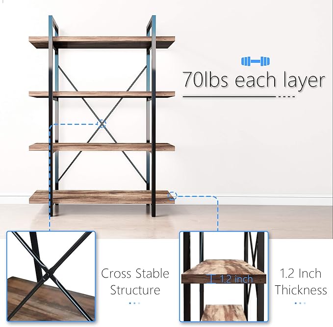 45MinST 4-Tier Vintage Industrial Style Bookcase/Metal and Wood Bookshelf Furniture for Collection,Vintage Brown, 3/4/5 Tier (4-Tier)