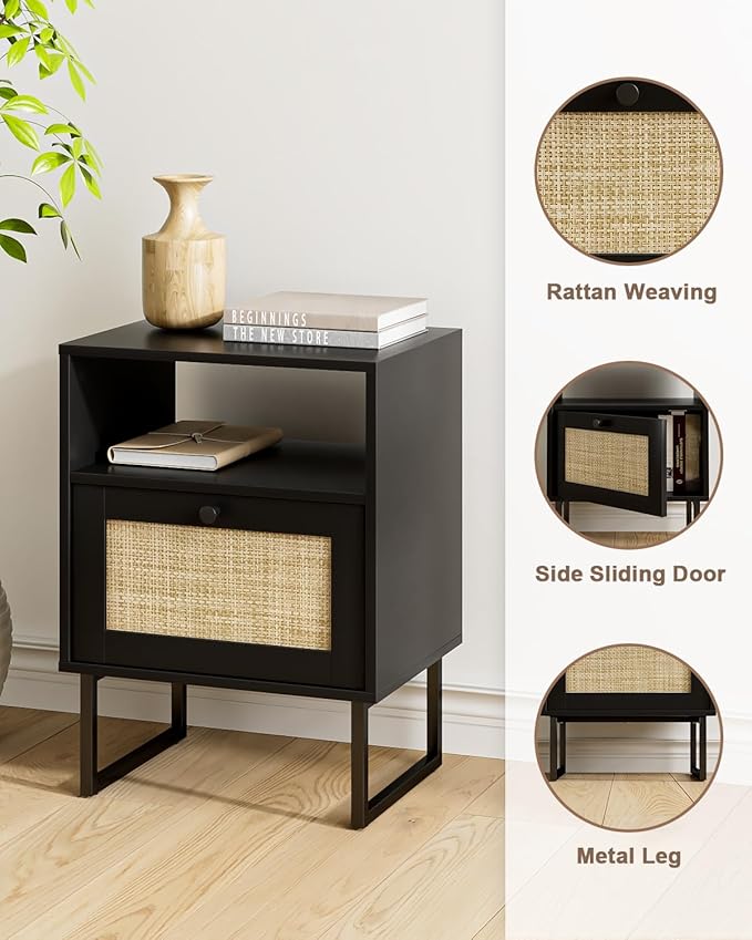 Rattan Nightstand, Mid Century Modern Night Stand,Boho Farmhouse Wood Bedside Table with Storage and Open Shelf, End Side Accent Table for Bedroom,Living Room,Black