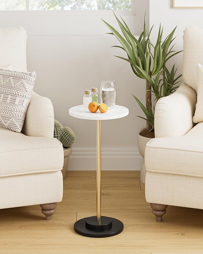 Round Side Table, Small Drink Table for Small Spaces, Modern Accent End Table Coffee Table with Metal Leg for Living Room, Bedroom, Corners, and Office (White Marble)
