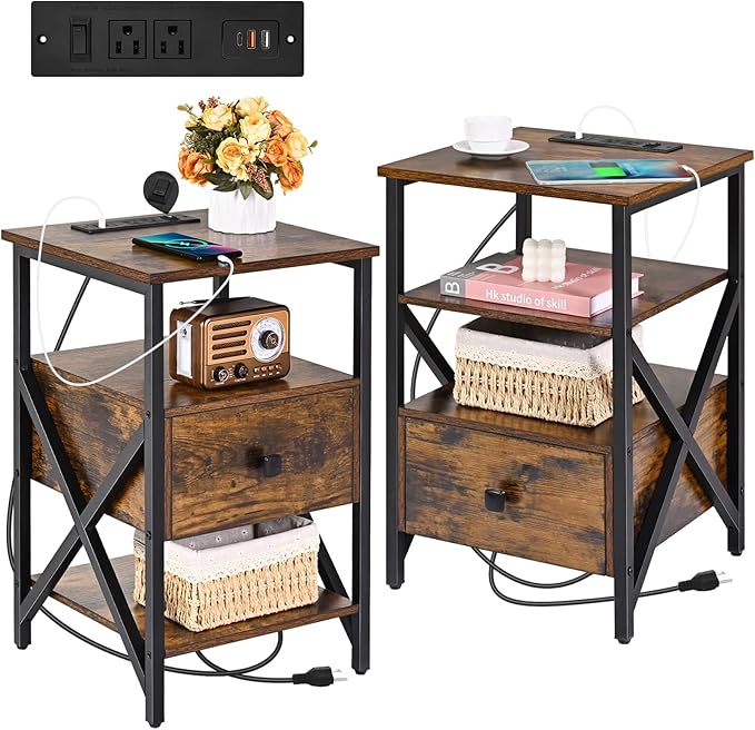 Nightstand Set of 2 with Charging Station and USB Ports, End Table Set of 2 with Outlets, Bedside Table End Tables with Drawer, Small Night Stand for Bedroom, Side Table, Living Room, Brown