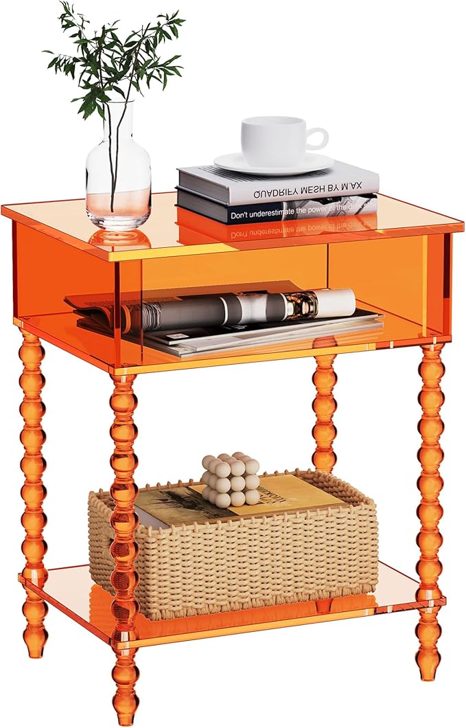 Acrylic Side Table, Clear 3-Tier End Table with Storage, Nightstand for Living Room, Bedroom, Office (Orange, 11.8 ×15.7 × 19.7)