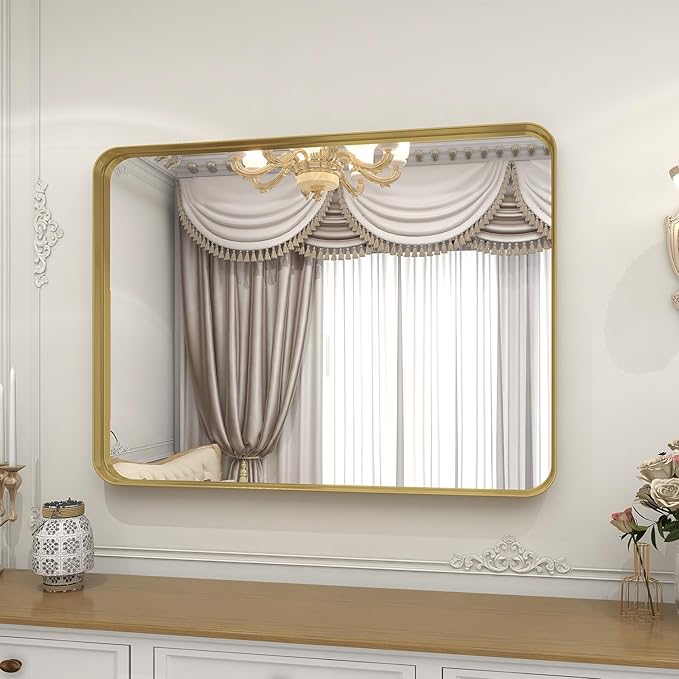 Bathroom Mirror 30x40 inch, Gold Gorgeous Deep Frame Wall Mirror, Modern Round Corner Bathroom Vanity Mirror for Bedroom, Living Room, Hanging or Leaning Horizontal or Vertical, Gold