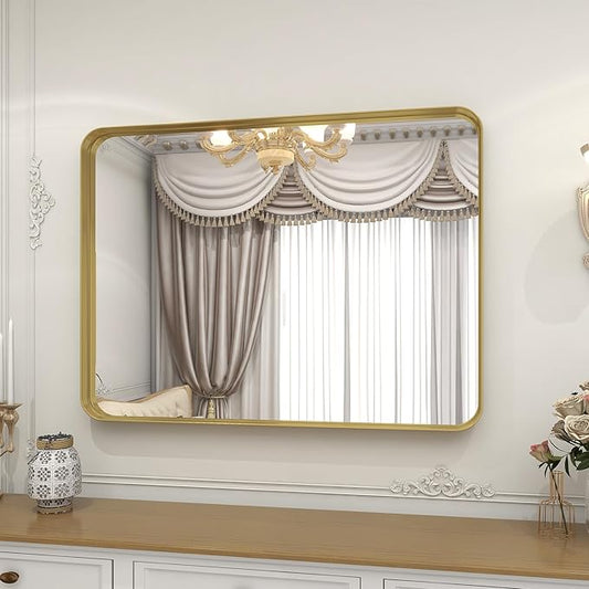 Bathroom Mirror 24x36 inch, Gold Gorgeous Deep Frame Wall Mirror, Modern Round Corner Bathroom Vanity Mirror for Bedroom, Living Room, Hanging or Leaning Horizontal or Vertical, Gold