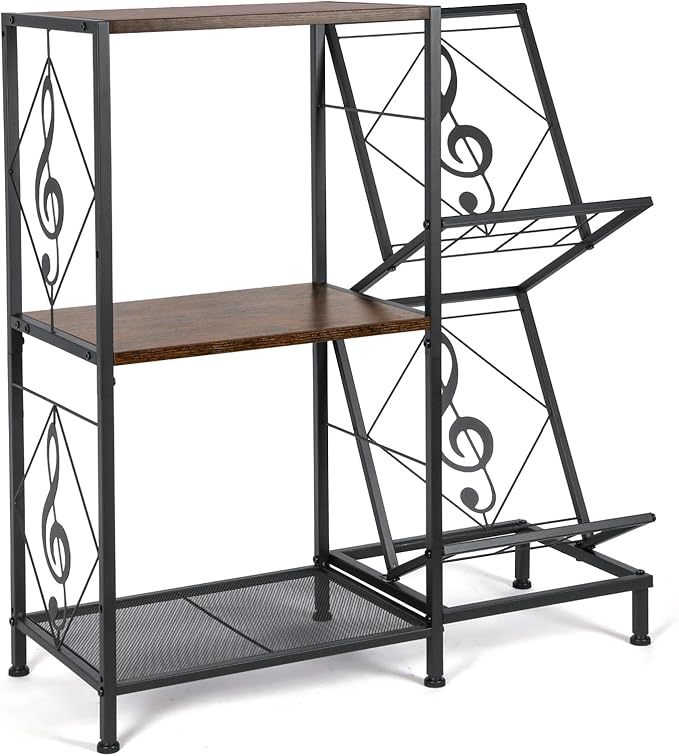 Record Player Stand with Vinyl Record Storage, Turntable Stand with 2-Tier Vinyl Display Shelf & Metal Frame, Record Holder for Living Room, Rustic Brown
