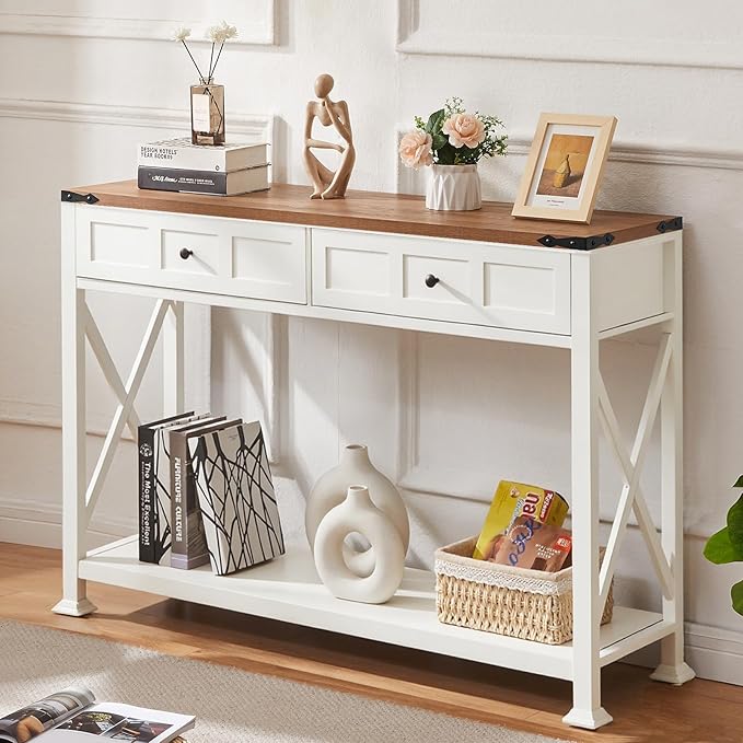HOMBAZAAR Entryway Table,Rustic Console Table with 2 Drawers, Industrial Console Tables with Storage for Entryway, Hallway, Living Room,White,47 Inch