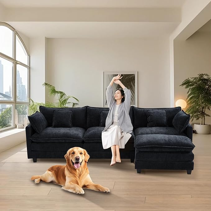 Furniliving 112‘’ L-Shaped Sofa, Luxury Chenille Modular Sectional Couches with Ottoman, Upholstered Deep Seat Sleeper Sofa with Memory Foam and Waist Pillows, Black