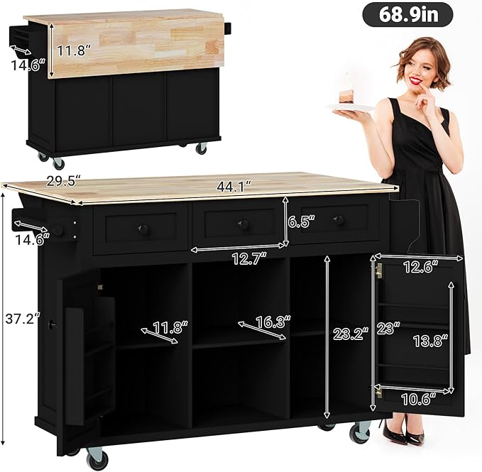 Rovibek Kitchen Island with Drawers 53 in Rolling Island Cart Mobile Solid Wood Portable Islands on Wheels with Storage Cabinet & Drawers, Black