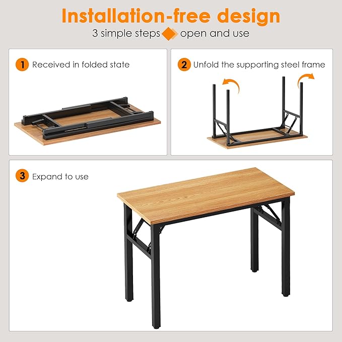 SDHYL 39 inchesNo Assembly Foldable Computer Desk for Home Office Workstation, Study and Writing, Teak Board and Black Leg