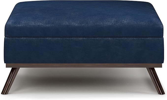 SIMPLIHOME Owen 36 inch Wide Mid Century Modern Square Coffee Table Storage Ottoman in Distressed Dark Blue Vegan Faux Leather, Assembled, for the Living Room, Entryway and Family Room