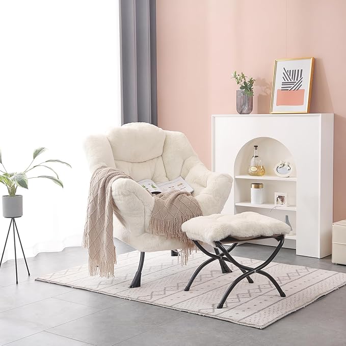 Lazy Chair with Ottoman, Modern Accent Chair Lounge Leisure Sofa Chair with Armrests, Reading Chair and Folding Footstool for Living Room, Bedroom, Office, Plush Beige