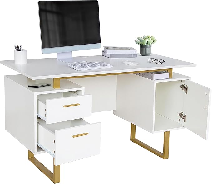Techni Mobili Storage Drawers and Cabinet 51.25” W-Modern Office Large Floating Desktop Surface Desk, 23.6" D x 51.2" W x 29.8" H, White/Gold
