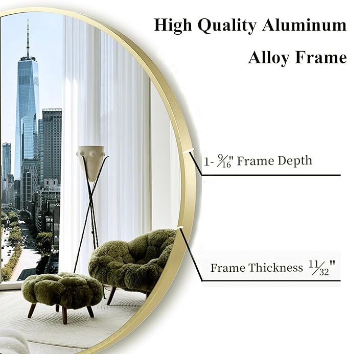 Gold Round Mirror 30 inch, Matte Gold Bathroom Mirror for Vanity, Brushed Metal Framed Circular Wall Mirror for Living Room, Hallway, Entryway