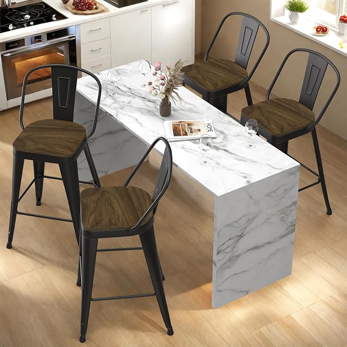 Metal Bar Stools Set of 4, High Back Bar Stools with Wooden Seat, 26 inch Black Barstools for Kitchen Island