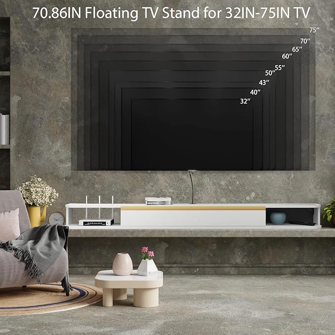 Floating TV Stand, 71'' Wall Mounted Entertainment Center TV Media Console, Floating Shelves with Door, Floating TV Cabinet Large Storage TV Bench for Living Room (White, 70.86IN)