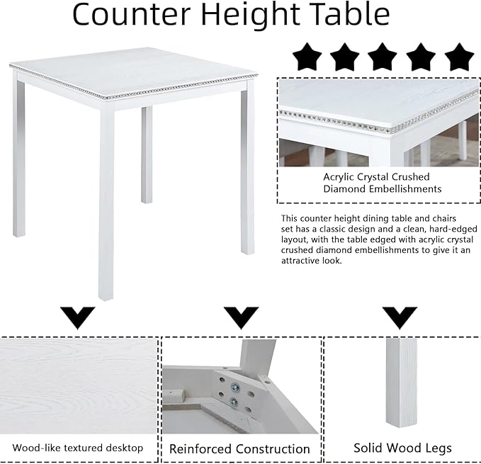 Dining Table Set for 4, 5-Piece Dining Room Table Set with Square Crystal Decoration Table & 4 Upholstered Backrest Chairs, Counter Height Kitchen Sets with Wood Grain & Footrest, White