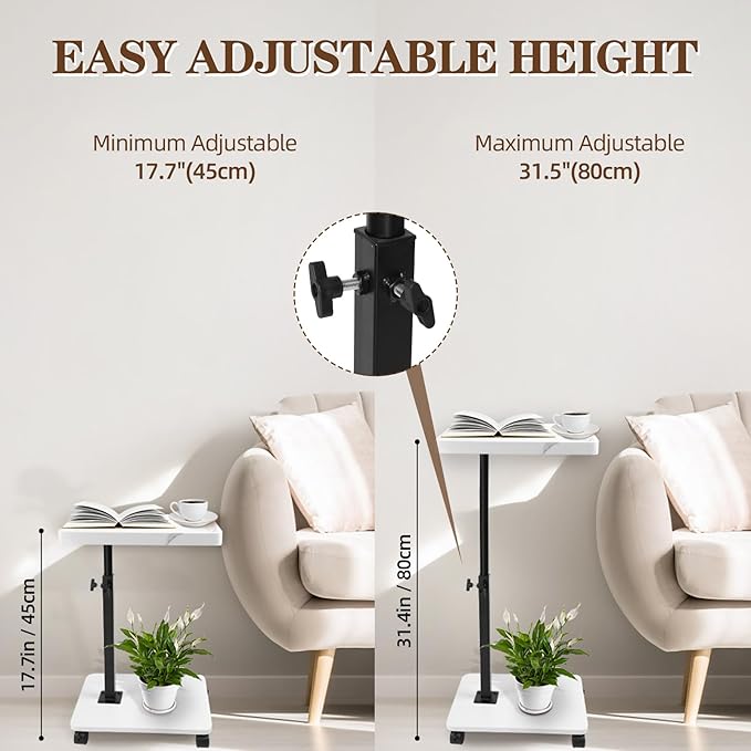 C Table Side Table End Table Adjustable Height，C Shaped End for Couch，Snack Tables,360°Swivel TV Tray Sofa Table， For Small Spaces，Side Tables living room and bedroom for Sofa, Bed,Chair(White)