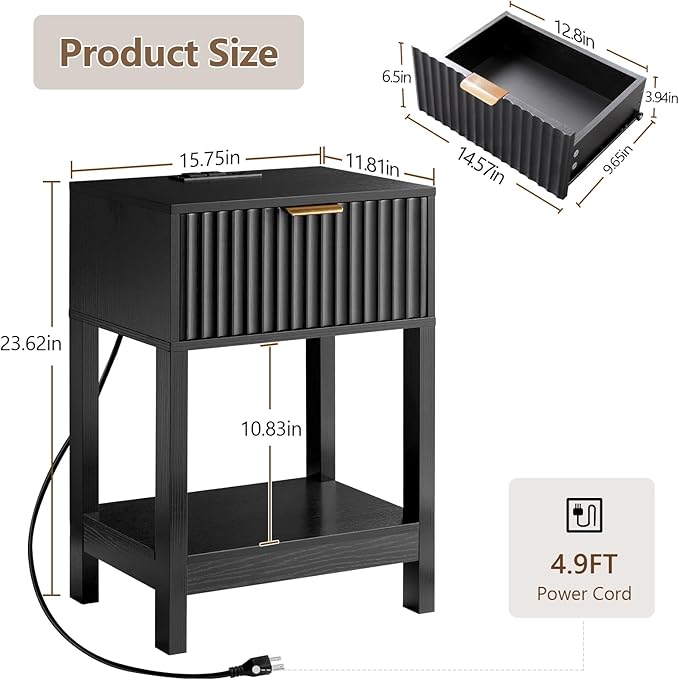 Night Stand Set 2, Fluted Nightstand with Charging Station, Wood Bedside Table with Drawer & Storage Shelf, Modern End Tables for Bedroom Sofa Couch Office, Black