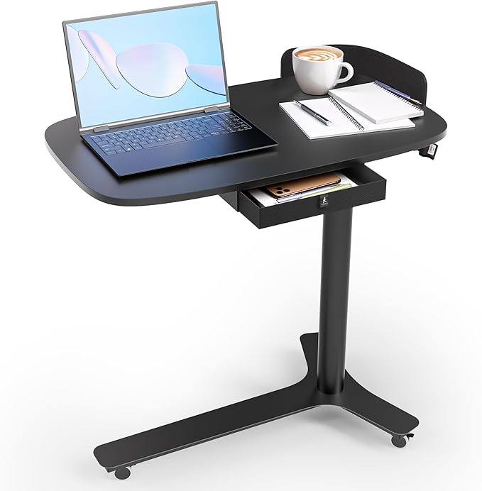 Rolling Adjustable Height Desk with Drawer and Wheels, Portable Small Standing Desk Pneumatic for Home Office, Mobile Computer Laptop Cart, Medical Sofa Overbed Table, Black