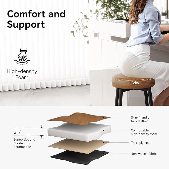 Counter Height Bar Stools, 26" H Backless Bar Stools Set of 6, Upholstered Faux Leather Kitchen Counter Stools, Mid Century Modern, Kitchen Island Home Bar, Pub, Caramel Brown
