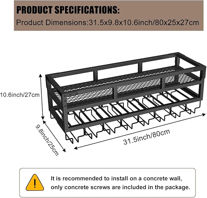 Pengfei LED Wine Rack Wall Mounted, Industrial Metal Wall Wine Shelf & Glass Holder, Large Floating Shelves Wine Bottle Storage Display Rack for Home Bar Dining Room Decor